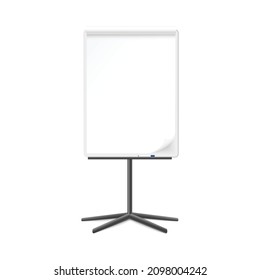 Flip chart front view template or mockup with blank white papers on presentation stand, 3D realistic vector illustration isolated on white background.