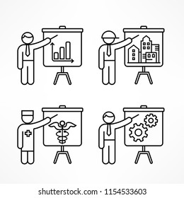 Flip chart, linear business presentation icon set. Vector illustration.