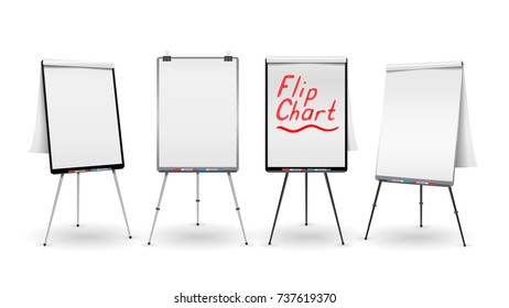 Flip Chart Set Vector. Office Whiteboard For Business Training. Blank Sheet Of Paper On a Tripod. Presentation Stand Board. White Clean Empty Paper. Isolated Illustration
