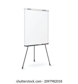 Flip chart template rotated at a slight angle, realistic vector illustration isolated on white background. Presentation seminar flip chart board with blank sheets.