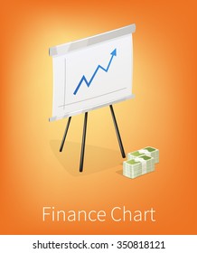 Flip chart with trend arrows. Finance market. Positive trend and money stack. Isolated on white background.