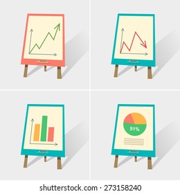 Flip charts set with different bar graphs. Business or education concept. Can be used for web, banner, diagram, infographic, workflow layout. Vector illustrations in flat style