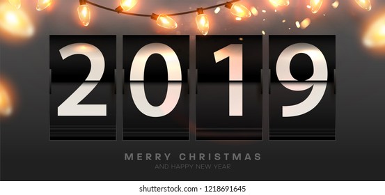 Flip clock 2019 New Year counter for greeting card, banner, placard or poster. Eps10 vector illustration