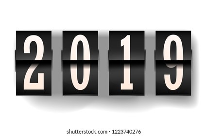 Flip clock 2019 New Year counter for greeting card, banner, placard or poster. vector illustration