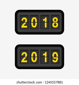 Flip clock with 2019 on display. Clock template with past year 2018 and future year on white background isolated. Stock vector illustration. 