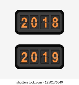 Flip clock. Isolated flip board with year 2018 to 2019. Orange digits. Stock vector illustration. 