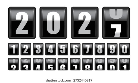 Flip Clock Number Set con dígitos mecánicos de solapa dividida, contador retro, temporizador y pantalla de cuenta regresiva para Ilustración vectorial de calendario, reloj y marcador