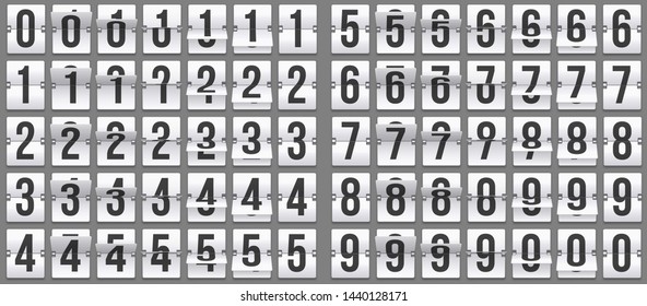 Flip clock numbers. Retro countdown animation, mechanical scoreboard number and numeric counter flips. Alarm timer, score day date counter or time display numbers vector symbols set