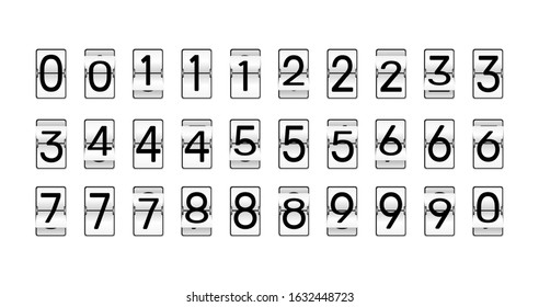Flip clock numbers. Retro countdown animation, mechanical scoreboard number and numeric counter flips. Alarm timer, score day date counter or time display numbers vector symbols set