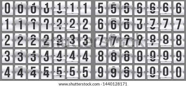 Flip\
clock numbers. Retro countdown animation, mechanical scoreboard\
number and numeric counter flips. Alarm timer, score day date\
counter or time display numbers vector symbols\
set
