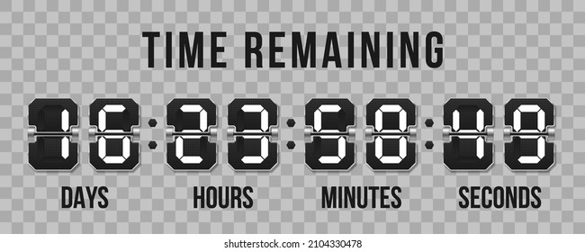Flip clock showing how much time: hours, minutes and seconds. Set of mechanical scoreboard digits. 