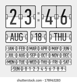 Flip clock template with time, date and day. Vector.