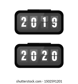 Flip clock with white numbers. Flip board with year 2019 to 2020 isolated. Stock vector illustration.10 eps.