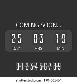 Flip Coming Soon illustration, countdown timer template. Opening soon for website template. Days, hours and minutes countdown in flip font.