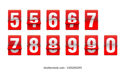 Flip countdown clock from 5 to 0 - red counter timer, time remaining count down scoreboard in half flipping variations with different digits 