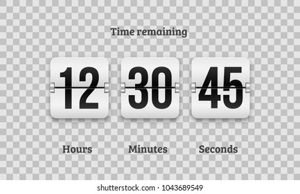 Flip countdown clock counter timer. Vector time remaining count down flip board with scoreboard of day, hour, minutes and seconds for web page upcoming event template design, under constuction page.