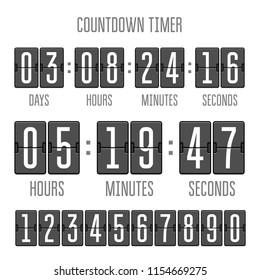 Flip countdown clock counter timer on white. Vector time remaining count down flip board with scoreboard of day, hour, minutes and seconds. Can be used for web page upcoming event template design.