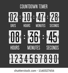 Flip countdown clock counter timer on black. Vector time remaining count down flip board with scoreboard of day, hour, minutes and seconds. Can be used for web page upcoming event template design.