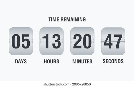 Flip Countdown Clock Counter Timer. Vector Time Remaining Count Down Flip Board With Scoreboard Of Day, Hour, Minutes And Seconds For Web Page Upcoming Event Template Design. Vector