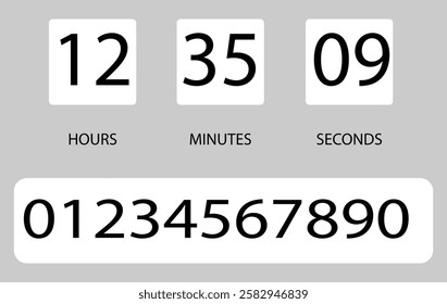 Flip countdown clock counter timer. Vector time remaining count down flip board with scoreboard of day, hour, minutes and seconds for web page upcoming event template design, under  construction page.