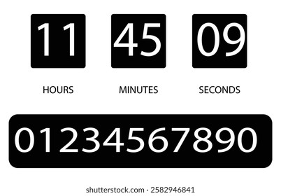 Flip countdown clock counter timer. Vector time remaining count down flip board with scoreboard of day, hour, minutes and seconds for web page upcoming event template design, under  construction page.