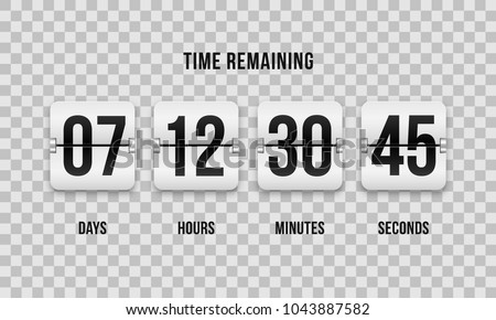 Flip countdown clock counter timer. Vector time remaining count down flip board with scoreboard of day, hour, minutes and seconds for web page upcoming event template design, under constuction page.