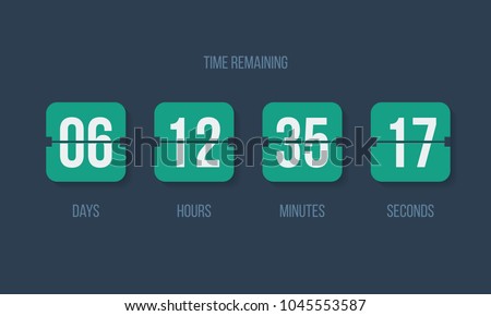 Flip countdown clock counter timer. Vector time remaining count down flip board with scoreboard of day, hour, minutes and seconds for web page upcoming event template design, under constuction page.