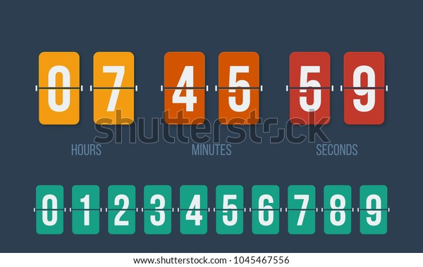 Flip countdown clock counter timer. Vector time\
remaining count down flip board with scoreboard of day, hour,\
minutes and seconds for web page upcoming event template design,\
under constuction page.