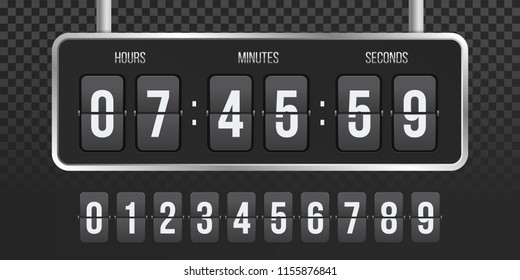 Flip countdown clock counter. Vector hours, minutes and seconds flip numbers on board display