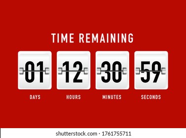 Flip countdown. Clock timer for coming soon or under construction. Time remaining countdown flip board with scoreboard of day, hour, minutes and seconds for web page upcoming event