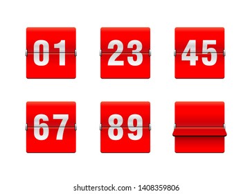 Flip countdown clock with two-digit number - red counter timer, time remaining count down scoreboard in flip board with different digits from 0 to 9