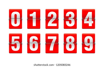 Flip countdown clock - vector digits - red counter timer, time remaining count down scoreboard in flip board with different digits from 0 to 9