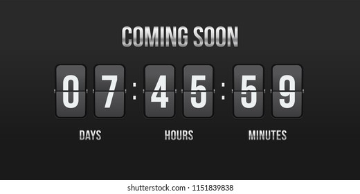 Flip countdown coming soon counter. Vector hours, minutes and seconds flip numbers on board display for web site design
