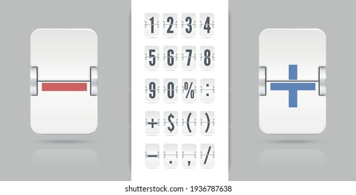 Flip countdown number ans symbols with reflections isolated on gray background. Vector illustration template. Vintage flip clock time counter vector template. White acoreboard number font.