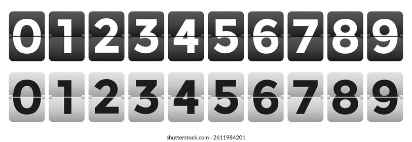 Flip countdown numbers in retro style. Clock countdown display. Flipboard scoreboard black and white