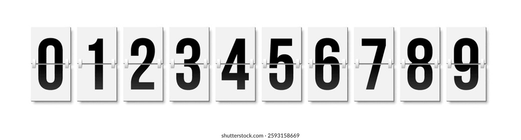 Flip countdown numbers set. Grey flipboard display with numbers from 0 to 9 isolated on white background. Vector illustration in design of old-fashioned analog scoreboard or airport departure board.