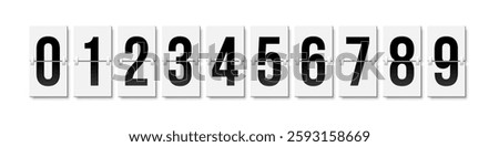 Flip countdown numbers set. Grey flipboard display with numbers from 0 to 9 isolated on white background. Vector illustration in design of old-fashioned analog scoreboard or airport departure board.