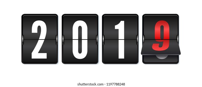 Flip countdown timer with changing numbers of year. Happy new year. Countdown timer. Mechanical scoreboard of counter of elapsed time. Vector template for holidays party