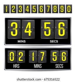 Flip Countdown Timer Vector. Black Flip Scoreboard Digital Timer Template. Hours, Minutes, Seconds. Isolated On White
