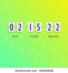 Flip Countdown Timer Vector Clock Counter. Flat Count Down Day Vector Business Sign On Modern Bright Green Yellow Colored Background With Geometric Pattern