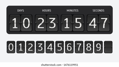 Flip countdown timer. Vector time remaining count down flip board with scoreboard of day, hour, minutes and seconds.