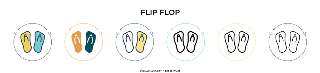 Flip flop icon in filled, thin line, outline and stroke style. Vector illustration of two colored and black flip flop vector icons designs can be used for mobile, ui, web