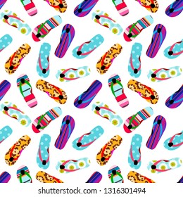 Flip flop pattern. Seamless pattern with cute colorful sandals. Print design in slipper. Summer texture vector background