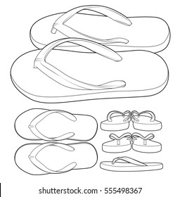 Flip flop sandal shoes line art draw set