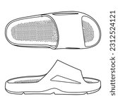 Flip flop sandal shoes for men. Diferent wievs: Up, Top side, outline vector doodle illustration. Flip flop sandal shoes for men. Up side vector doodle illustration.