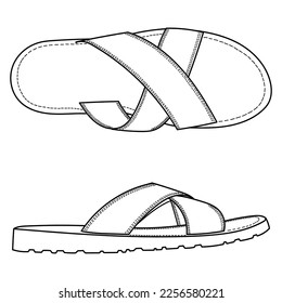 Calzado de sandalias para los hombres. Arriba, contorno de la ilustración del doodle vectorial. Calzado de sandalias para los hombres. En el lado superior y en el lado superior, ilustración del doodle vectorial.