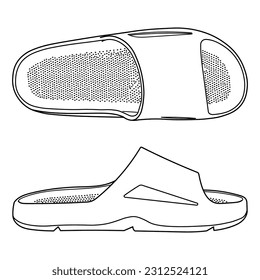 Flip flop sandal shoes for men. Diferent wievs: Up, Top side, outline vector doodle illustration. Flip flop sandal shoes for men. Up side vector doodle illustration.