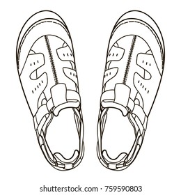 Flip flop sandal shoes for men. Vector doodle illustration. Up side
