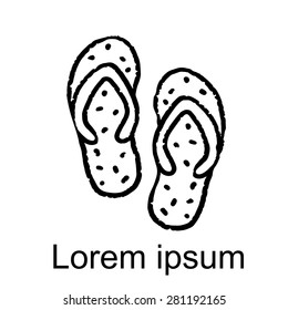 Flip flop sandals black lines, hand drawn sketch icon isolated on white background, top view, art logo design