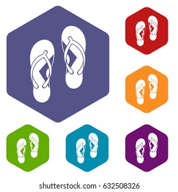Flip flop sandals icons set hexagon isolated vector illustration